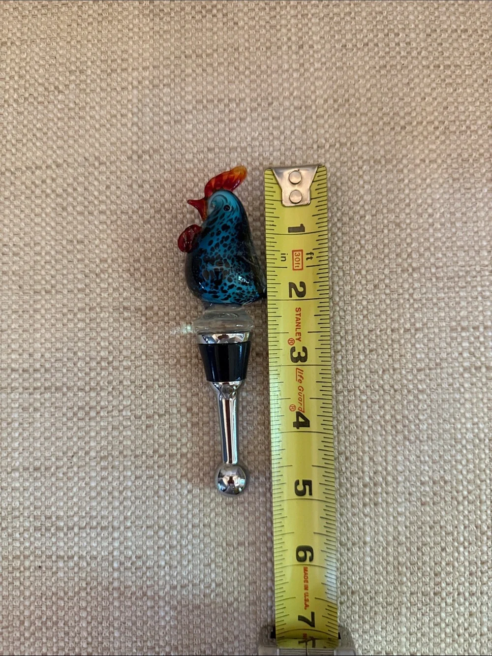 Pier One Handblown Glass Rooster Bottle Stopper - Blue & Orange 5 Inch in length